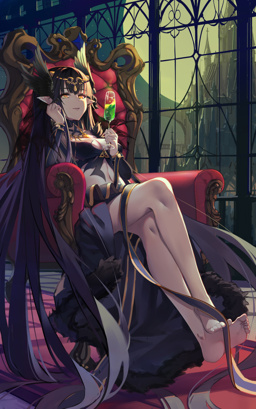 absurdly_long_hair absurdres baisi_shaonian barefoot black_hair black_skirt breasts castle cleavage cup fate/apocrypha fate_(series) full_moon fur_trim head_rest headpiece highres holding holding_cup indoors long_hair long_skirt medium_breasts midriff moon navel night pointy_ears semiramis_(fate) sitting skirt sky soles solo star_(sky) starry_sky stomach very_long_hair window yellow_eyes
