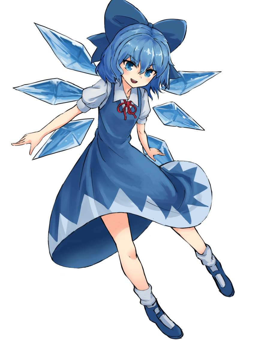 :d absurdres bangs blue blue_bow blue_dress blue_eyes blue_footwear blue_hair blue_wings blush bow cirno detached_wings dress eyebrows_visible_through_hair fairy full_body hair_between_eyes hair_bow highres ice ice_wings looking_at_viewer mary_janes nob1109 open_mouth puffy_short_sleeves puffy_sleeves red_ribbon ribbon shoes short_hair short_sleeves simple_background smile socks solo teeth touhou white_background white_legwear wings