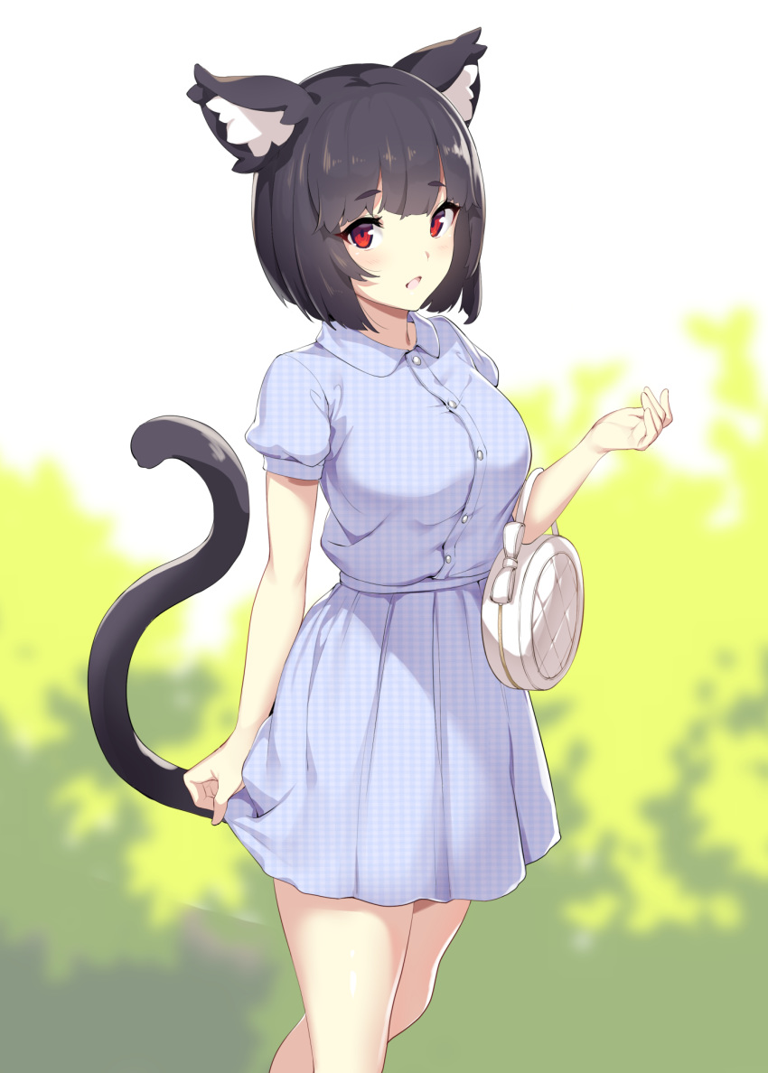 :d alternate_costume animal_ear_fluff animal_ears azur_lane bag bangs black_hair blouse blue_blouse blue_skirt blurry blurry_background blush bow breasts casual cat_ears cat_tail checkered checkered_skirt collared_blouse commentary cowboy_shot day eyebrows_visible_through_hair hand_up handbag highres ikomochi looking_at_viewer medium_breasts open_mouth outdoors pleated_skirt puffy_short_sleeves puffy_sleeves red_eyes shiny shiny_hair short_hair short_sleeves skirt skirt_hold smile solo tail thighs unmoving_pattern white_bow yamashiro_(azur_lane)