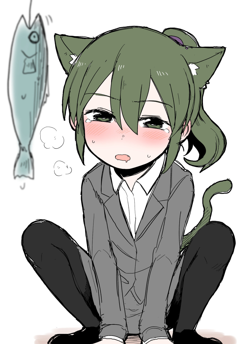 absurdres animal_ears blush business_suit cat_ears cat_tail collared_shirt commentary_request drooling eyebrows_visible_through_hair fang fish fishing_line formal full_body green_eyes green_hair hairband heavy_breathing highres igarashi_futaba_(shiromanta) jacket medium_hair office_lady open_mouth pantyhose ponytail senpai_ga_uzai_kouhai_no_hanashi shiromanta shirt shoes skirt_suit solo spread_legs squatting suit tail