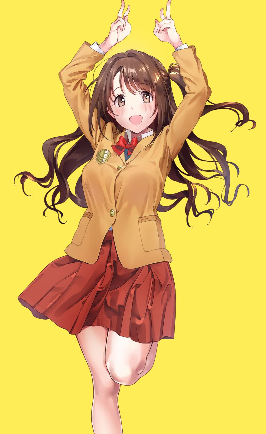 :d absurdres ameyame arms_up blush bow bowtie brown_eyes brown_hair brown_jacket double_v floating_hair highres idolmaster idolmaster_cinderella_girls jacket leg_up long_hair looking_at_viewer open_mouth pleated_skirt red_bow red_skirt school_uniform shimamura_uzuki shiny shiny_hair side_ponytail simple_background skirt smile solo standing standing_on_one_leg v very_long_hair yellow_background