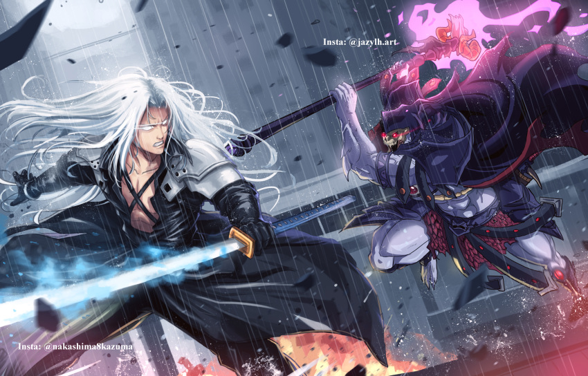 armor building building_block collaboration collaboration_request commentary crossover duel english_commentary explosion final_fantasy final_fantasy_vii gloves glowing glowing_eyes highres holding holding_staff holding_sword holding_weapon hood instagram_username jazylh long_hair male_focus masters_of_the_universe multiple_boys muscle rain red_eyes sephiroth signature silver_hair skeletor skull staff sword watermark weapon