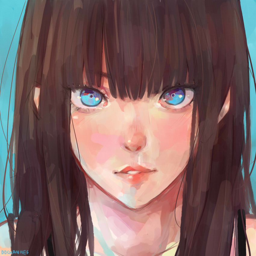 artist_name bangs blue_background blue_eyes brown_hair character_request commentary dochanhee english_commentary highres ilya_kuvshinov_(style) long_hair looking_at_viewer original parted_lips portrait simple_background solo