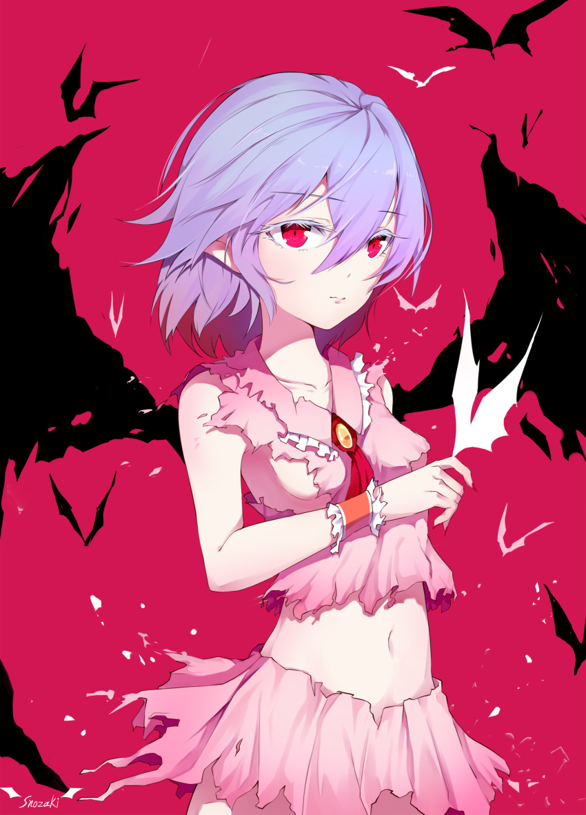 artist_name ascot black_wings blue_hair breasts collarbone eyebrows_visible_through_hair hair_between_eyes highres midriff miniskirt navel pink_shirt pink_skirt red_background red_eyes red_neckwear remilia_scarlet shirt short_hair sideboob skirt sleeveless sleeveless_shirt small_breasts snozaki solo standing stomach torn_clothes torn_shirt torn_skirt touhou underboob wings wristband