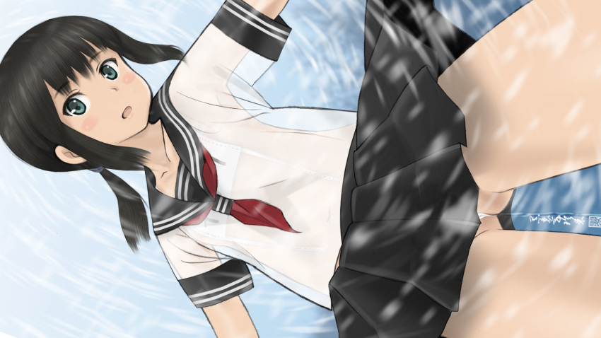 :o ass_visible_through_thighs bangs black_hair black_sailor_collar black_skirt blush_stickers breasts collarbone commentary_request double_horizontal_stripe expressionless eyebrows_visible_through_hair fubuki_(kantai_collection) green_eyes head_tilt highres kantai_collection kurorichin looking_at_viewer low_ponytail medium_hair miniskirt neckerchief open_mouth outstretched_arms panties pantyshot pleated_skirt red_neckwear sailor_collar school_uniform see-through see-through_silhouette serafuku shirt short_sleeves sidelocks sideways skirt sleeve_cuffs small_breasts solo underwear upskirt white_panties white_shirt