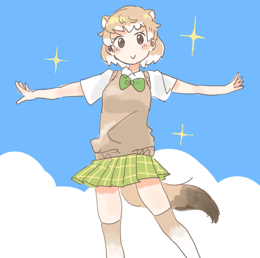 :&gt; adapted_costume animal_ears beige_legwear black-tailed_prairie_dog_(kemono_friends) blue_sky blush_stickers bow bowtie closed_mouth cloud collared_shirt extra_ears feet_out_of_frame gradient_legwear green_bow green_neckwear green_skirt hasu_(zatsugami) highres kemono_friends light_brown_hair looking_at_viewer multicolored multicolored_clothes multicolored_hair multicolored_legwear no_nose outdoors outstretched_arms plaid plaid_skirt pleated_skirt prairie_dog_ears prairie_dog_tail shirt short_hair short_sleeves skirt sky smile solo sparkle spread_arms sweater_vest tail tareme thighhighs two-tone_hair white_hair white_legwear white_shirt zettai_ryouiki