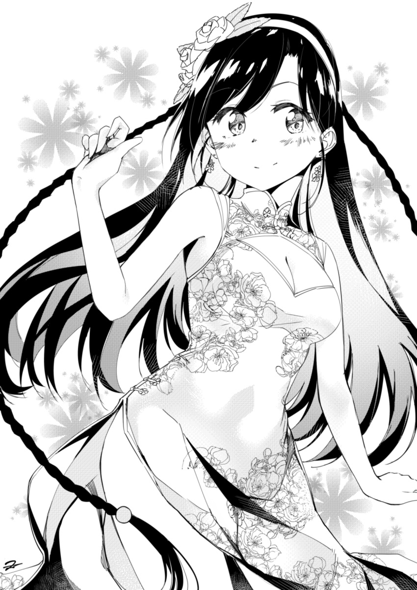 arm_up bangs bare_arms bare_shoulders black_hair blush braid breasts china_dress chinese_clothes cleavage cleavage_cutout closed_mouth commentary_request cowboy_shot cropped_legs dress earrings floral_background floral_print flower flower_earrings greyscale hair_flower hair_ornament hairband highres jewelry kanakura_yui long_hair looking_at_viewer medium_breasts monochrome nisekoi print_dress rose side_slit sleeveless sleeveless_dress smile solo standing twin_braids very_long_hair white_background yomio