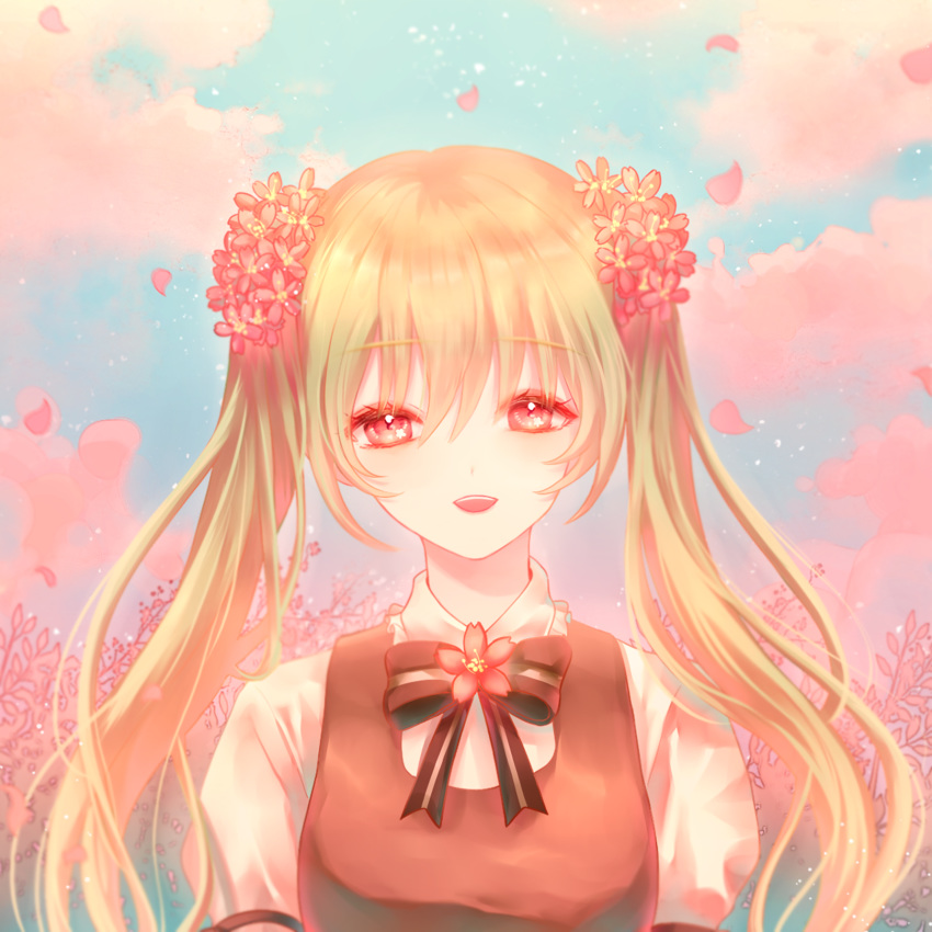 :d blue_sky bow bowtie cherry_blossoms cloud day esol_98 eyebrows_visible_through_hair floating_hair flower green_hair hair_between_eyes hair_flower hair_ornament hatsune_miku highres long_hair looking_at_viewer open_mouth outdoors pink_eyes pink_flower sakura_miku shirt short_sleeves sky smile solo striped striped_bow striped_neckwear twintails upper_body very_long_hair vocaloid white_shirt