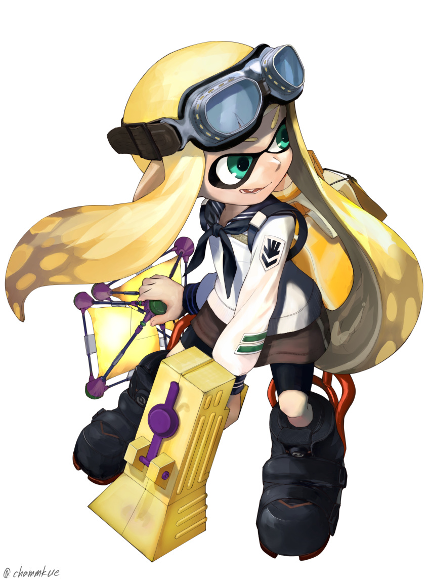 absurdres ankle_boots bangs bike_shorts black_footwear black_neckwear black_shorts blonde_hair blouse blunt_bangs boots chamu_(chammkue) commentary_request domino_mask emblem fangs full_body goggles goggles_on_head highres holding holding_weapon ink_tank_(splatoon) inkling light_smile long_hair long_sleeves looking_to_the_side mask neckerchief open_mouth pointy_ears sailor sailor_collar shorts solo splat_bomb_(splatoon) splatoon_(series) splatoon_1 splattershot_jr_(splatoon) standing tentacle_hair twitter_username velcro weapon white_blouse