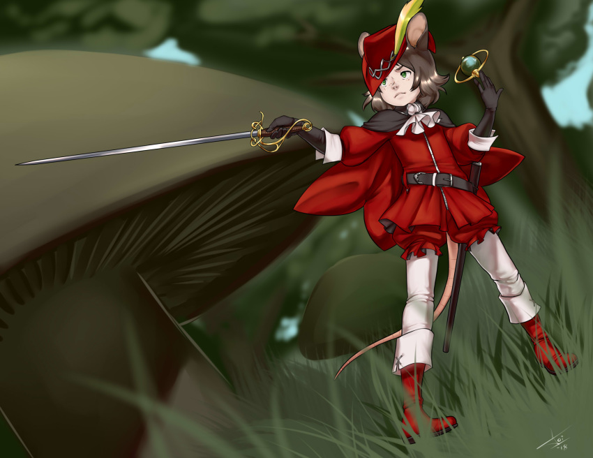 1boy animal_ears aogami boots brown_hair cape freckles green_eyes mouse_ears mouse_tail red_mage sword tail weapon