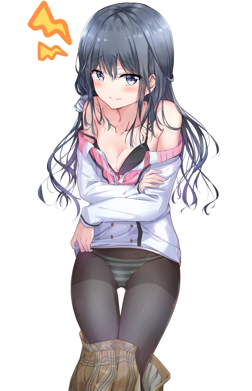 absurdres adagaki_aki black_bra black_hair black_legwear blue_eyes blush bra breasts brown_skirt cleavage clothes_down collarbone embarrassed eyebrows_visible_through_hair floating_hair hair_between_eyes highres long_hair looking_at_viewer masamune-kun_no_revenge open_clothes open_skirt panties panties_under_pantyhose pantyhose pleated_skirt red_ribbon ribbon shiny shiny_hair simple_background skirt skirt_pull small_breasts smile solo striped striped_panties sunhyun underwear white_background