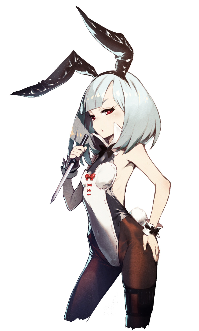 animal_ears bangs bare_shoulders black_legwear bow breasts bunny_ears bunny_girl bunnysuit closed_mouth commentary_request covered_navel cowboy_shot cozy dagger fake_animal_ears hand_on_hip hand_up highleg highleg_leotard highres hip_bones holding holding_dagger holding_weapon leotard medium_hair original pantyhose red_bow red_eyes silver_hair simple_background small_breasts solo standing weapon white_background white_leotard wrist_cuffs