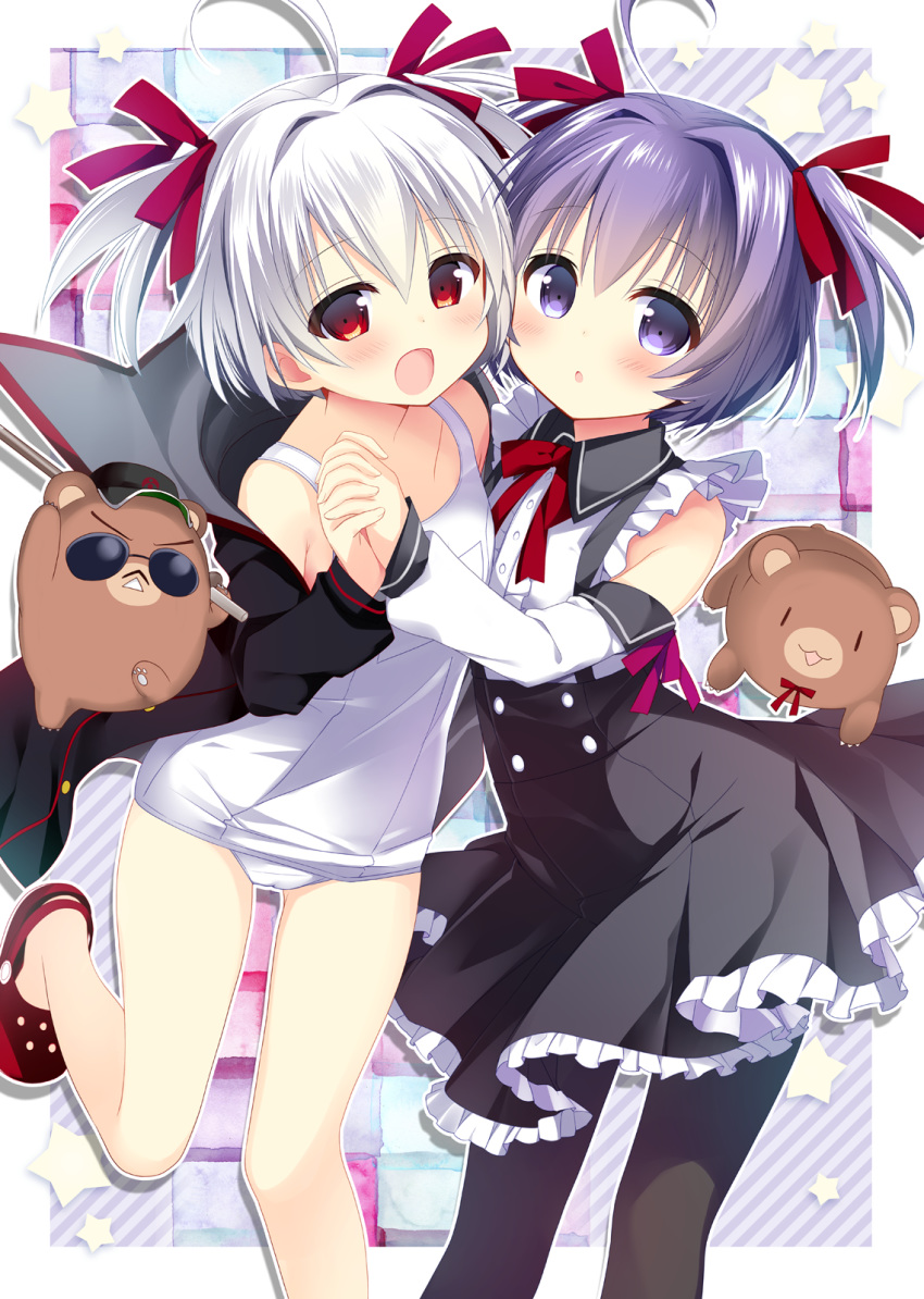 :d :o animal bangs bare_shoulders bear black_jacket black_legwear black_skirt blush bow collared_shirt commentary_request crocs detached_sleeves evo_grim eyebrows_visible_through_hair grim_myu hair_between_eyes hair_ribbon highres holding jacket long_sleeves looking_at_viewer multiple_girls myu_(quiz_magic_academy) nagayama_yuunon old_school_swimsuit one-piece_swimsuit open_clothes open_jacket open_mouth pantyhose parted_lips purple_eyes purple_hair quiz_magic_academy red_bow red_eyes red_footwear red_ribbon ribbon school_swimsuit shirt silver_hair skirt sleeveless sleeveless_shirt smile standing standing_on_one_leg star sunglasses suspender_skirt suspenders swimsuit two_side_up white_school_swimsuit white_shirt white_swimsuit