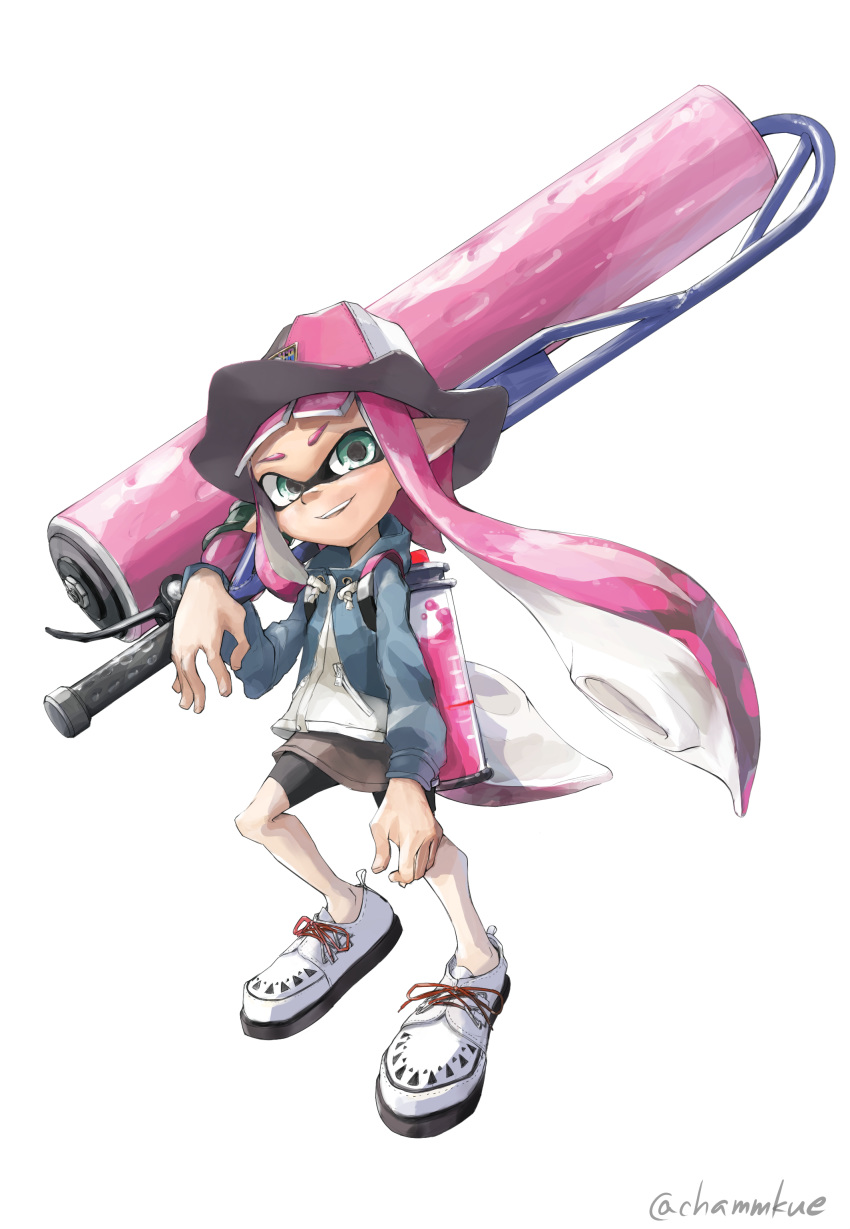 absurdres bangs bike_shorts black_shorts blunt_bangs chamu_(chammkue) commentary_request cross-laced_footwear domino_mask drawr full_body grey_jacket hat highres holding holding_weapon ink_tank_(splatoon) inkling jacket long_hair looking_at_viewer mask no_legwear over_shoulder parted_lips pink_hat pointy_ears shoes shorts simple_background smile solo splat_roller_(splatoon) splatoon_(series) splatoon_1 standing tentacle_hair twitter_username weapon weapon_over_shoulder white_background white_footwear