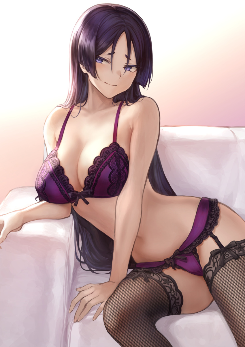 bangs bare_shoulders black_legwear blue_eyes bra breasts closed_mouth collarbone commentary couch fate/grand_order fate_(series) garter_belt garter_straps gradient gradient_background hair_between_eyes highres hips lace lace-trimmed_panties large_breasts long_hair looking_to_the_side mashu_003 minamoto_no_raikou_(fate/grand_order) navel panties parted_bangs purple_bra purple_hair purple_panties sitting smile solo thighhighs thighs twitter_username underwear very_long_hair