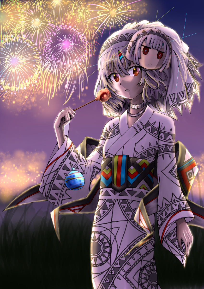 absurdres altera_(fate) bangs black_nails breasts choker commentary_request dark_skin eyebrows_visible_through_hair fate/grand_order fate_(series) feet_out_of_frame fingernails firework_background fireworks food grass hair_ornament headdress highres holding holding_food japanese_clothes jewelry kimono looking_at_viewer multicolored multicolored_sky nail_polish night open_mouth outdoors over3010 patterned_clothing red_eyes short_hair sky small_breasts solo standing tan veil white_hair yukata