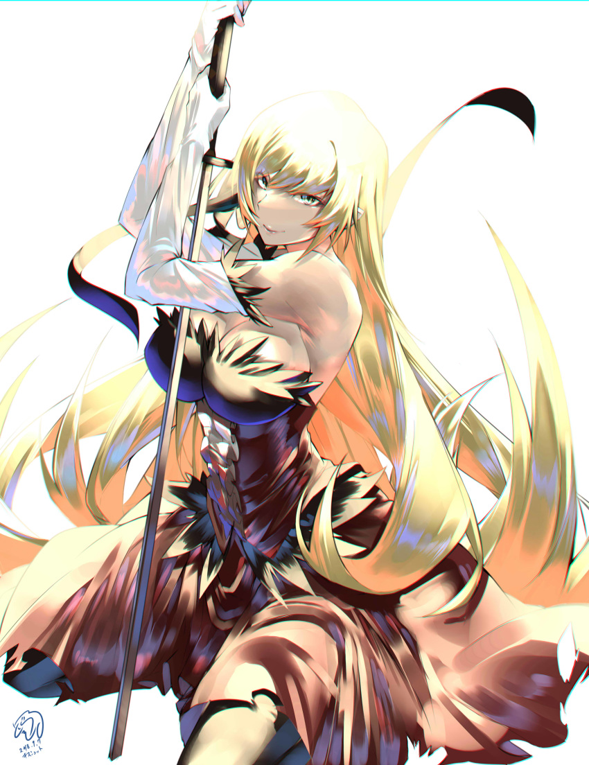absurdres bangs bare_shoulders blonde_hair breasts chromatic_aberration commentary_request dorashieru dress elbow_gloves eyebrows_visible_through_hair gloves highres holding holding_sword holding_weapon kiss-shot_acerola-orion_heart-under-blade kizumonogatari large_breasts long_hair looking_at_viewer monogatari_(series) older planted_sword planted_weapon pointy_ears red_dress seiza sitting smile strapless strapless_dress sword vampire very_long_hair weapon yellow_eyes