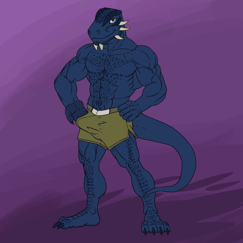 abs anthro argonian biceps blue_skin bulge claws clothing looking_at_viewer male muscular muscular_male pecs scalie shorts simple_background smile solo standing the_elder_scrolls tristen video_games zeerus