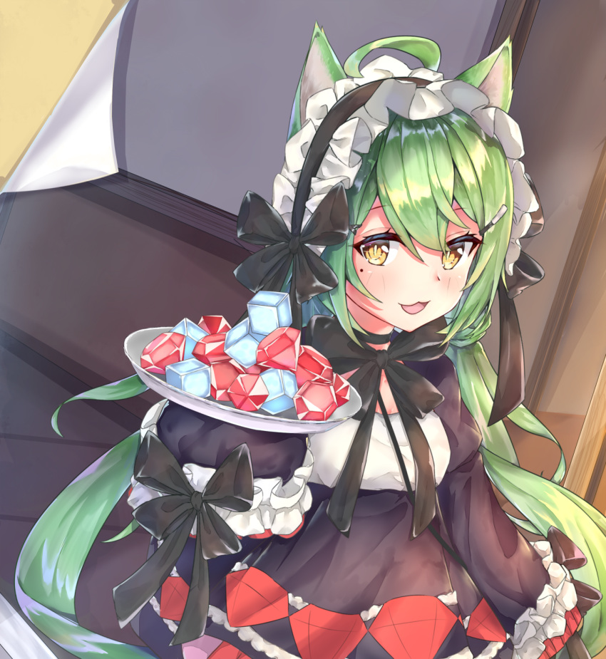 :3 :d ahoge akashi_(azur_lane) animal_ears azur_lane bangs black_bow black_dress black_hairband blush bow breasts brown_eyes cat_ears commentary_request cube dress eyebrows_visible_through_hair frilled_hairband frilled_sleeves frills gem gothic_lolita green_hair hair_between_eyes hairband highres holding holding_plate indoors juliet_sleeves lolita_fashion long_hair long_sleeves looking_at_viewer mental_cube_(azur_lane) mishuo_(misuo69421) mole mole_under_eye open_mouth plate puffy_sleeves ruby_(stone) sleeves_past_fingers sleeves_past_wrists small_breasts smile solo standing very_long_hair