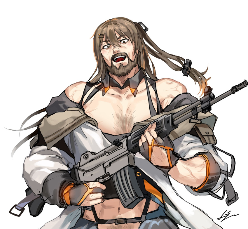 abs ammunition_pouch assault_rifle bangs bare_shoulders beard black_gloves brown_eyes brown_hair chest_hair collarbone commentary daewoo_k2 detached_collar eyebrows_visible_through_hair facial_hair fingerless_gloves genderswap genderswap_(ftm) girls_frontline gloves gun hair_ornament hairclip highres holding holding_weapon jacket k-2_(girls_frontline) kws long_hair long_sleeves looking_at_viewer male_focus manly mustache navel off_shoulder one_side_up open_clothes open_jacket open_mouth panties pouch rifle simple_background smile solo standing strap suspenders underwear upper_body veins weapon white_background white_jacket