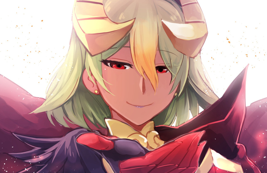 bangs cape closed_mouth commentary_request crown dark_skin earrings embers feathers fire_emblem fire_emblem_heroes gauntlets gradient_hair green_hair hair_between_eyes highres jewelry laegjarn_(fire_emblem_heroes) lips lipstick makeup multicolored_hair nakabayashi_zun orange_hair outstretched_arm purple_lipstick red_eyes short_hair simple_background solo white_background