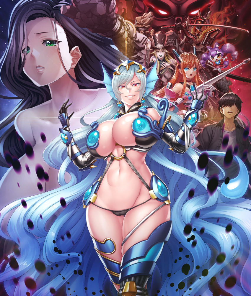 5girls animal_ears armor bare_shoulders black_hair blonde_hair blue_hair blush boots breasts character_request creature curvy female fire gloves green_eyes hat helmet holding holding_weapon huge_breasts katana large_breasts lilith-soft long_hair looking_at_viewer monster multiple_boys multiple_girls nude partially_visible_vulva red_eyes serious shiny shiny_skin short_hair smile sword tail thong twintails very_long_hair weapon yellow_eyes zol