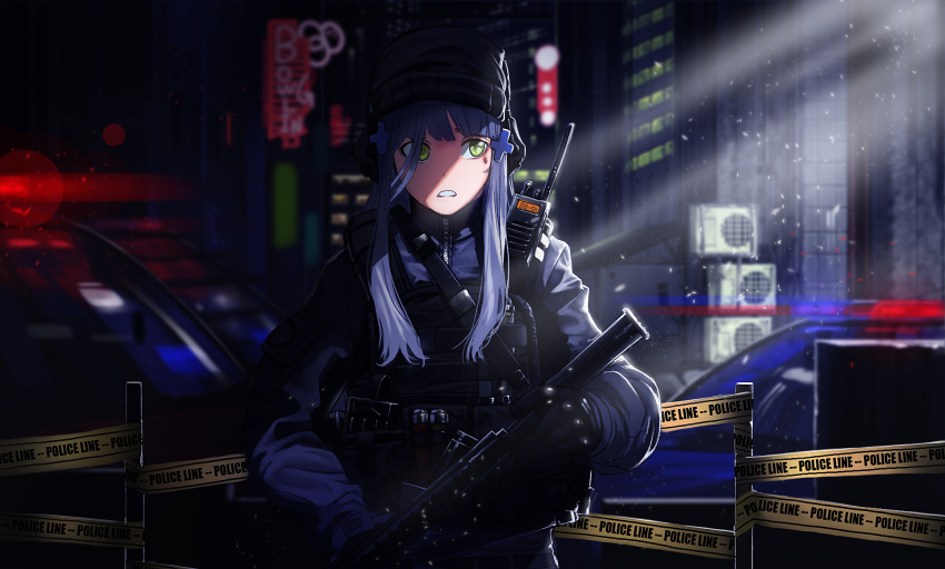 assault_rifle blue_hair dust_particles facial_mark girls_frontline green_eyes gun hair_ornament heckler_&amp;_koch highres hk416 hk416_(girls_frontline) holding holding_gun holding_weapon ihobus long_hair looking_to_the_side military military_uniform night open_mouth outdoors police rifle solo standing sunlight uniform upper_body walkie-talkie weapon