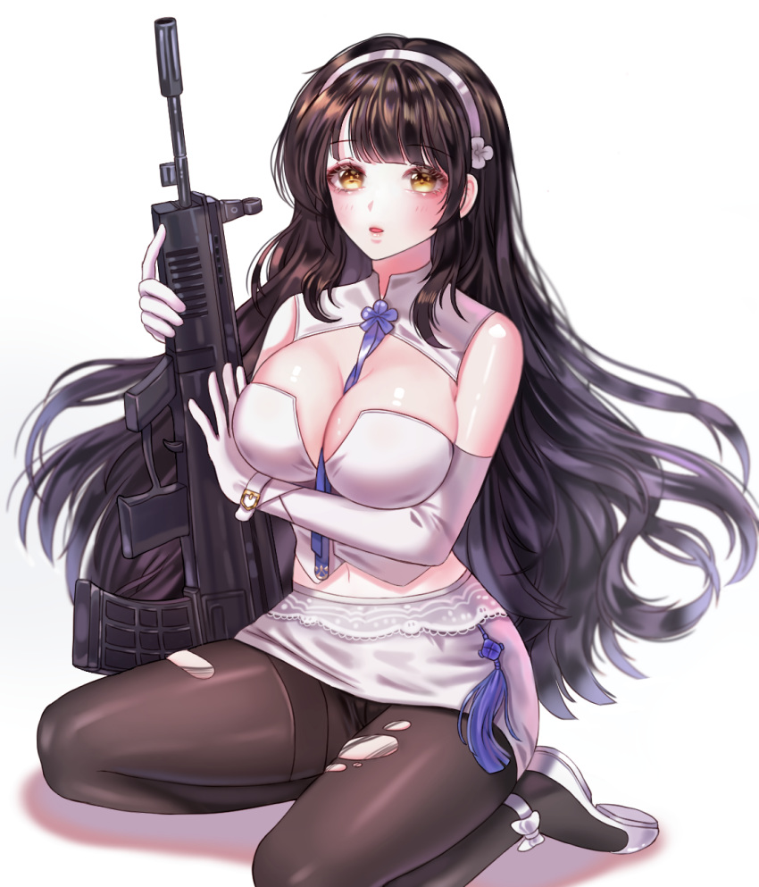 assault_rifle bangs between_breasts black_hair blcackup blunt_bangs blush breasts brown_legwear bullpup eyebrows_visible_through_hair flower girls_frontline gloves gun hair_flower hair_ornament hairband highres holding holding_weapon large_breasts long_hair looking_at_viewer md5_mismatch navel open_mouth pantyhose qbz-95 qbz-95_(girls_frontline) rifle shoes simple_background sitting skirt solo torn_clothes torn_legwear very_long_hair weapon white_background white_gloves white_hairband white_skirt yellow_eyes