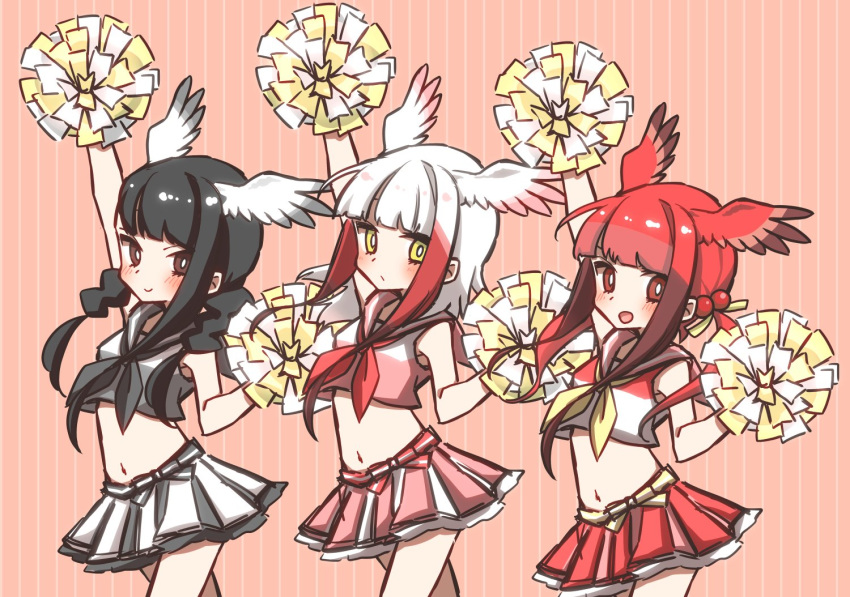 :d alternate_costume arm_up bangs black-headed_ibis_(kemono_friends) black_hair blunt_bangs blush braid brown_hair cheerleader commentary cowboy_shot crop_top hair_bobbles hair_ornament hand_up head_wings japanese_crested_ibis_(kemono_friends) kemono_friends looking_at_viewer midriff multicolored_hair multiple_girls navel neckerchief open_mouth petit_ramune pleated_skirt pom_poms red_eyes red_hair sailor_collar scarlet_ibis_(kemono_friends) short_hair sidelocks skirt sleeveless smile striped striped_background tank_top twin_braids twintails vertical-striped_background vertical_stripes white_hair yellow_eyes