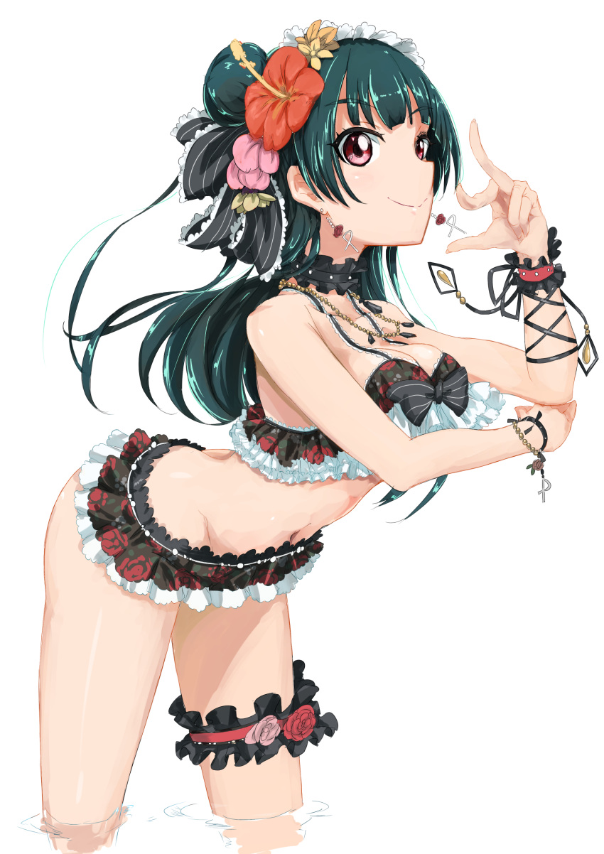 absurdres bikini black_bow bow breasts butt_crack choker cleavage collarbone eyebrows_visible_through_hair floating_hair floral_print flower frilled_bikini frills green_hair groin hair_bun hair_flower hair_ornament headdress hibiscus highres jewelry leaning_forward long_hair looking_at_viewer love_live! love_live!_sunshine!! medium_breasts navel necklace print_bikini qualitynine117 red_eyes red_flower red_rose rose shiny shiny_hair sideboob simple_background smile solo standing striped striped_bow swimsuit thigh_strap tsushima_yoshiko wading white_background wrist_cuffs