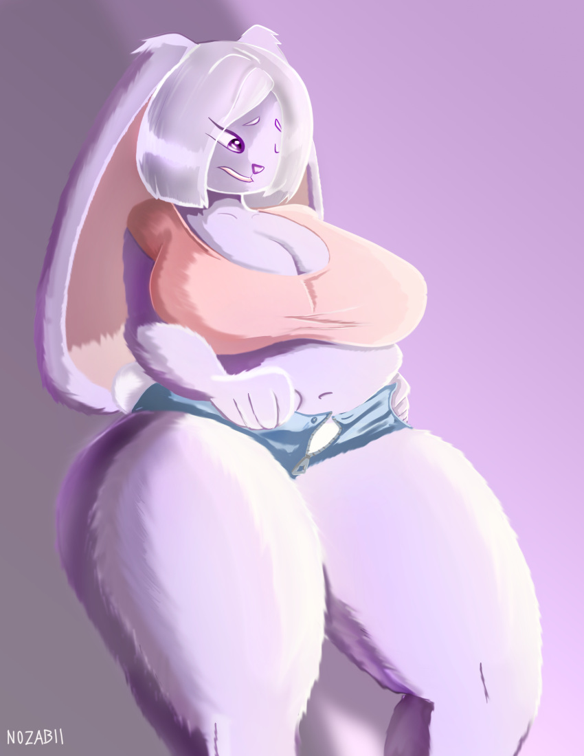 anthro belly big_breasts big_butt breasts butt clothed clothing female hi_res lagomorph mammal nozabii overweight rabbit simple_background slightly_chubby thick_thighs tight_clothing voluptuous wide_hips