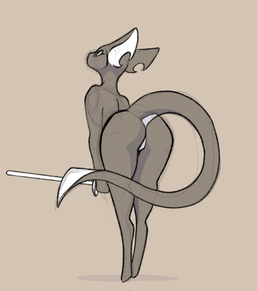 anthro arched_back bent_over brown_background butt cel_shading countershade_tail countershade_torso countershading eyelashes featureless_crotch female full-length_portrait holding_object holding_weapon looking_at_viewer looking_down melee_weapon monochrome multicolored_scales notched_ear nude portrait presenting presenting_hindquarters qualzar raised_tail rear_view scales scalie sepia shadow simple_background sketch solo standing sword two_tone_scales two_tone_tail weapon white_countershading white_eyes white_scales white_tail