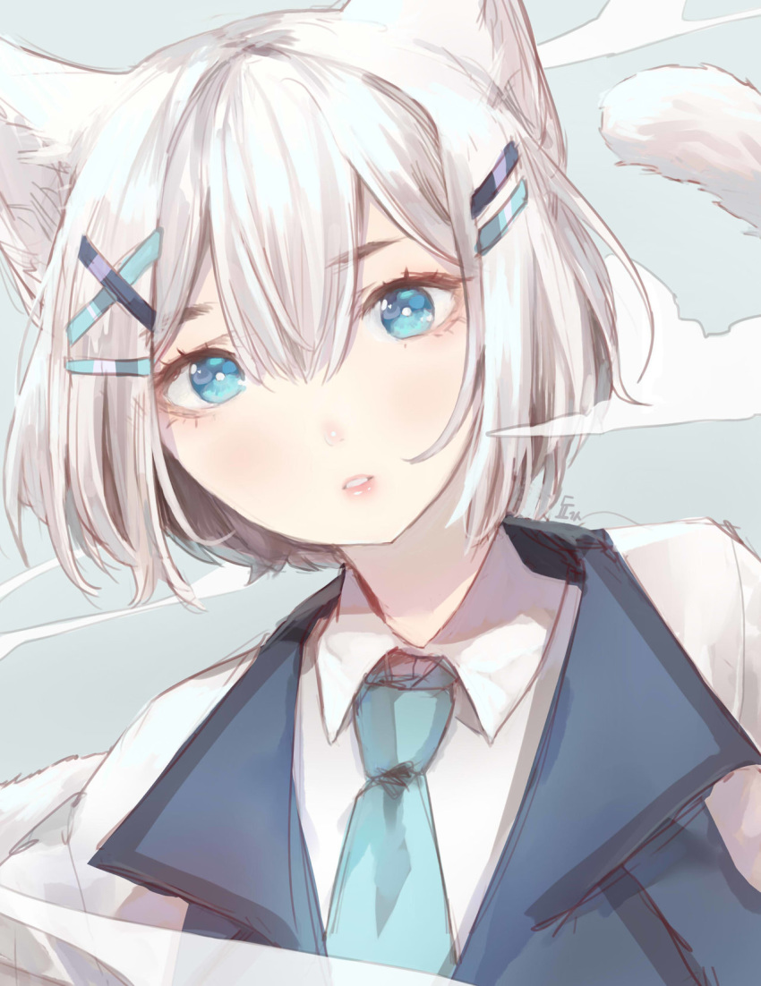 1girl animal_ears aqua_neckwear bangs blue_eyes cat_ears cat_girl cat_tail collared_shirt commentary commission dochanhee english_commentary hair_between_eyes hair_ornament head_tilt highres looking_at_viewer necktie original shirt short_hair solo tail white_hair wing_collar x_hair_ornament