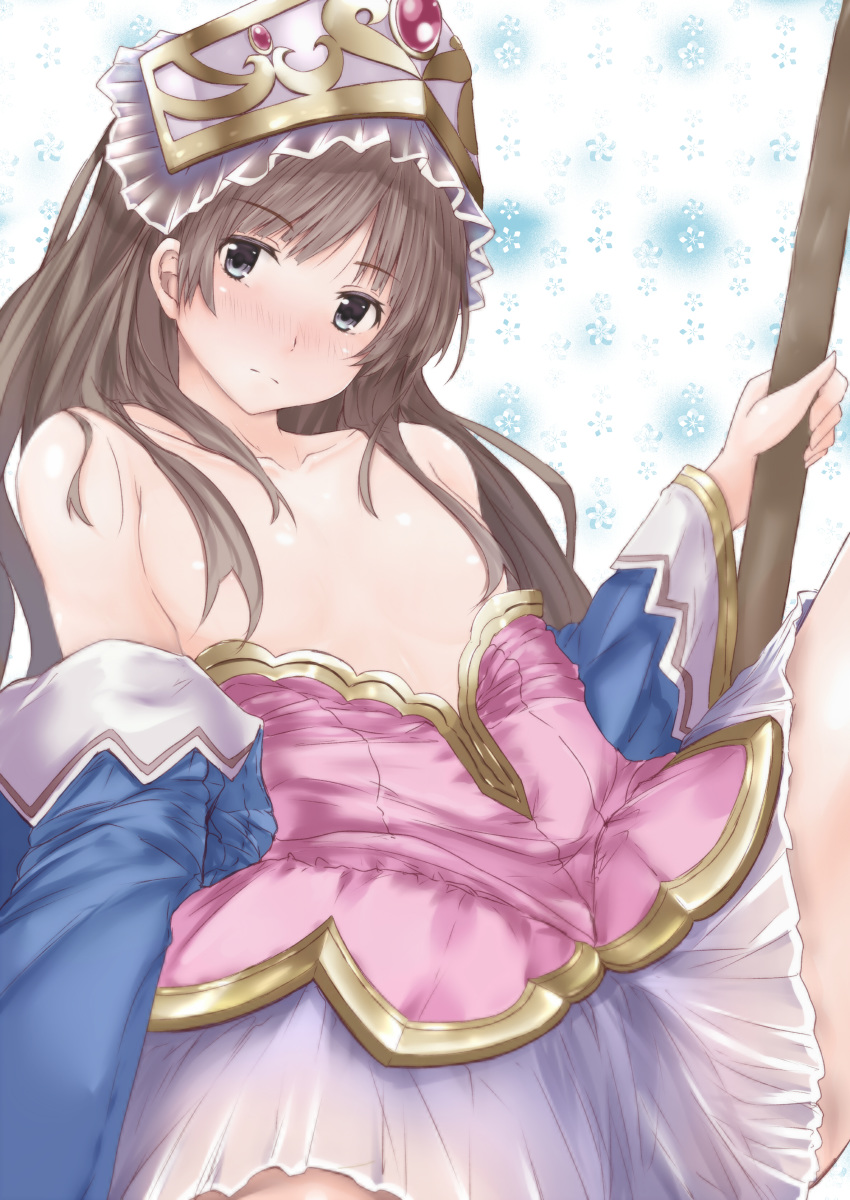 atelier_(series) atelier_totori blush breasts brown_hair convenient_censoring embarrassed eyebrows_visible_through_hair long_hair small_breasts staff topless totooria_helmold