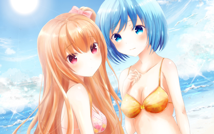 asahina_momoko bare_arms bare_shoulders bikini bird blue_eyes blue_hair blue_sky blush bow breasts brown_hair cleavage closed_mouth cloud collarbone commentary_request day eyebrows_visible_through_hair floral_print girlfriend_(kari) hair_ribbon hand_on_own_chest hazuki_yuzuko highres long_hair looking_back masa_(mirage77) medium_breasts multiple_girls ocean partial_commentary pink_bikini pink_ribbon print_bikini red_eyes ribbon side_ponytail sky sun sunlight swimsuit upper_body wallpaper water water_drop yellow_bikini yellow_bow
