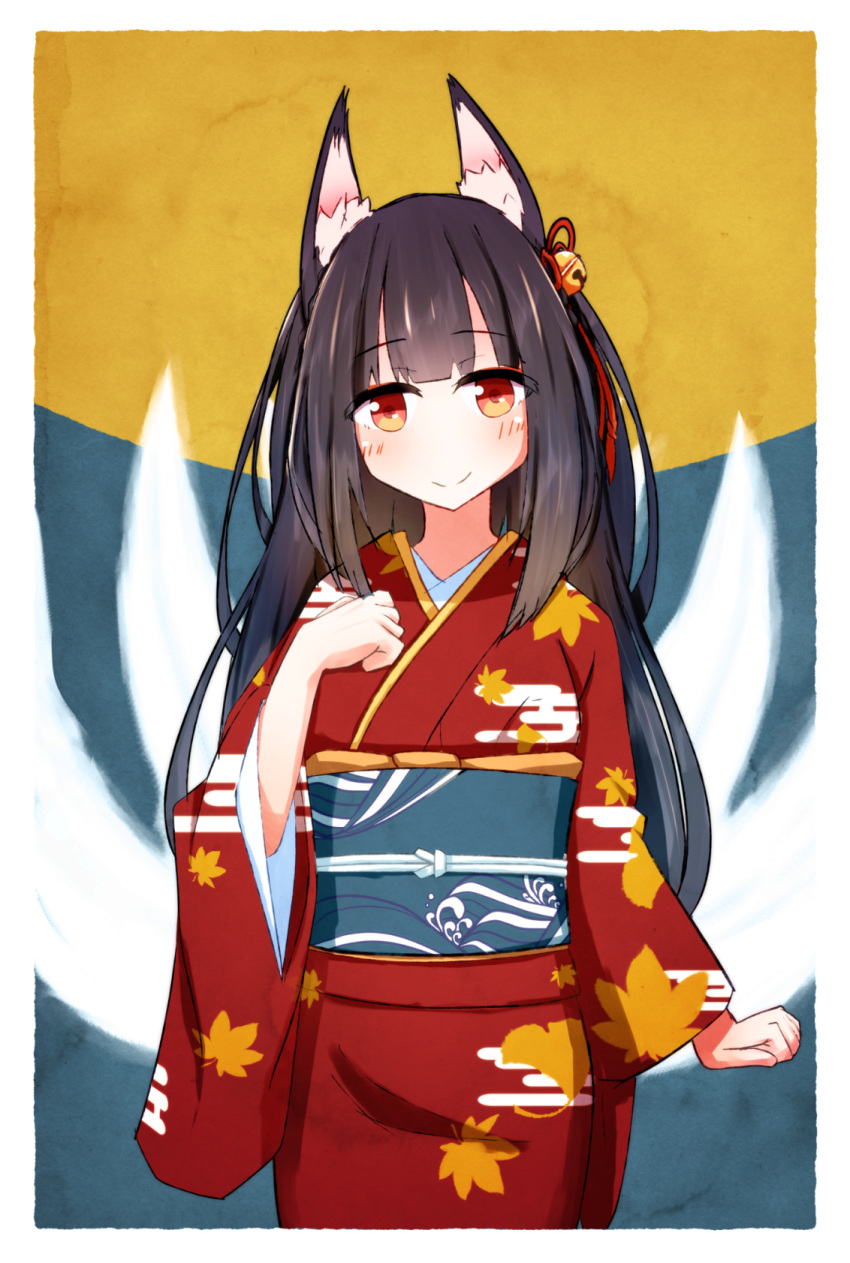 animal_ears bangs bell black_hair blunt_bangs blush clenched_hands commentary cowboy_shot fox_ears fox_tail full_moon hair_bell hair_ornament hand_up highres japanese_clothes kimono long_hair looking_at_viewer moon multiple_tails night obi original red_eyes sash smile solo tail tamanoti