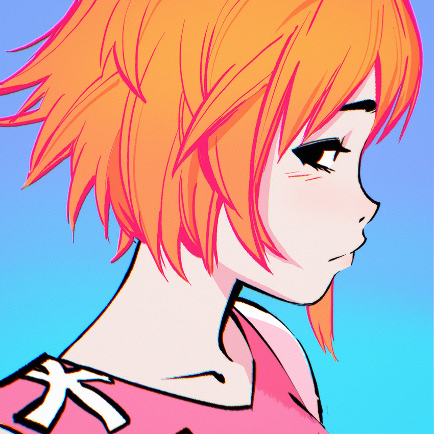 alternate_hair_color black_eyes blue_background blush close-up closed_mouth commentary face food gorillaz gradient gradient_background highres ilya_kuvshinov looking_at_viewer noodle_(gorillaz) orange_hair profile short_hair solo tank_top