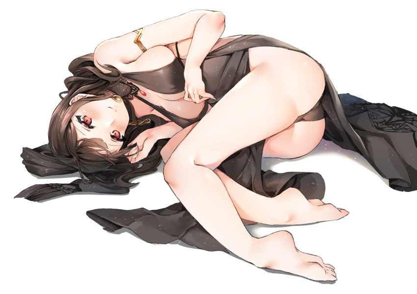 absurdres ahoge alternate_costume antenna_hair armlet ass bangs bare_legs bare_shoulders barefoot black_dress black_panties blunt_bangs blush breasts brown_hair choker cleavage closed_mouth collarbone commentary dress dsr-50_(girls_frontline) earrings eyebrows_visible_through_hair full_body girls_frontline hair_ornament hand_in_hair hansal highres jewelry large_breasts long_hair looking_at_viewer lying on_side panties pelvic_curtain pendant red_eyes ruby_(stone) sideboob sidelocks simple_background skindentation smile solo thighs underwear very_long_hair wavy_hair white_background