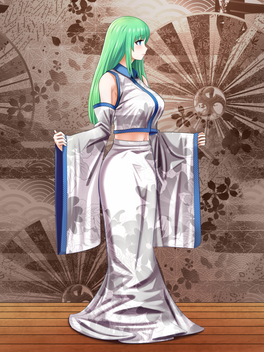 absurdres alternate_costume bad_id bad_pixiv_id bare_shoulders blue_eyes breasts brown_background closed_mouth collared_shirt commentary_request detached_sleeves eyebrows_visible_through_hair floral_print from_side green_hair highres jellyring kochiya_sanae large_breasts long_hair long_skirt midriff_peek profile shirt skirt solo standing touhou white_skirt wide_sleeves wing_collar