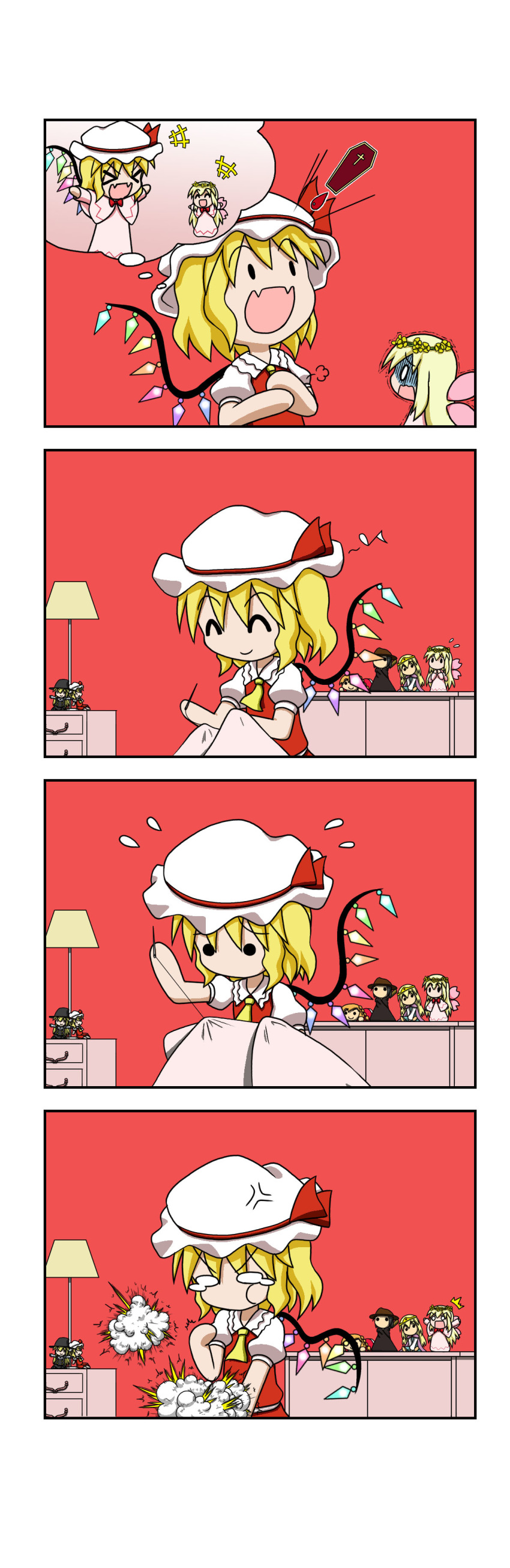 &gt;_&lt; +++ /\/\/\ 0_0 2girls 4koma :d ^_^ absurdres anger_vein blonde_hair blood blood_drop character_doll chest_of_drawers chibi closed_eyes coffin comic cosplay cravat cross doll dress explosion eyebrows_visible_through_hair fabric fairy_wings fangs flandre_scarlet flying_sweatdrops flying_teardrops hat hat_ribbon head_wreath highres indoors kirisame_marisa lamp lily_white lily_white_(cosplay) long_hair long_sleeves mob_cap multiple_girls musical_note needle no_mouth no_nose open_mouth pink_dress puffy_cheeks puffy_short_sleeves puffy_sleeves rakugaki-biyori rapeseed_blossoms red_neckwear ribbon sewing sewing_needle shaded_face short_sleeves simple_background smile solid_circle_eyes solid_oval_eyes spoken_character thought_bubble thread touhou trembling wings witch_hat xd