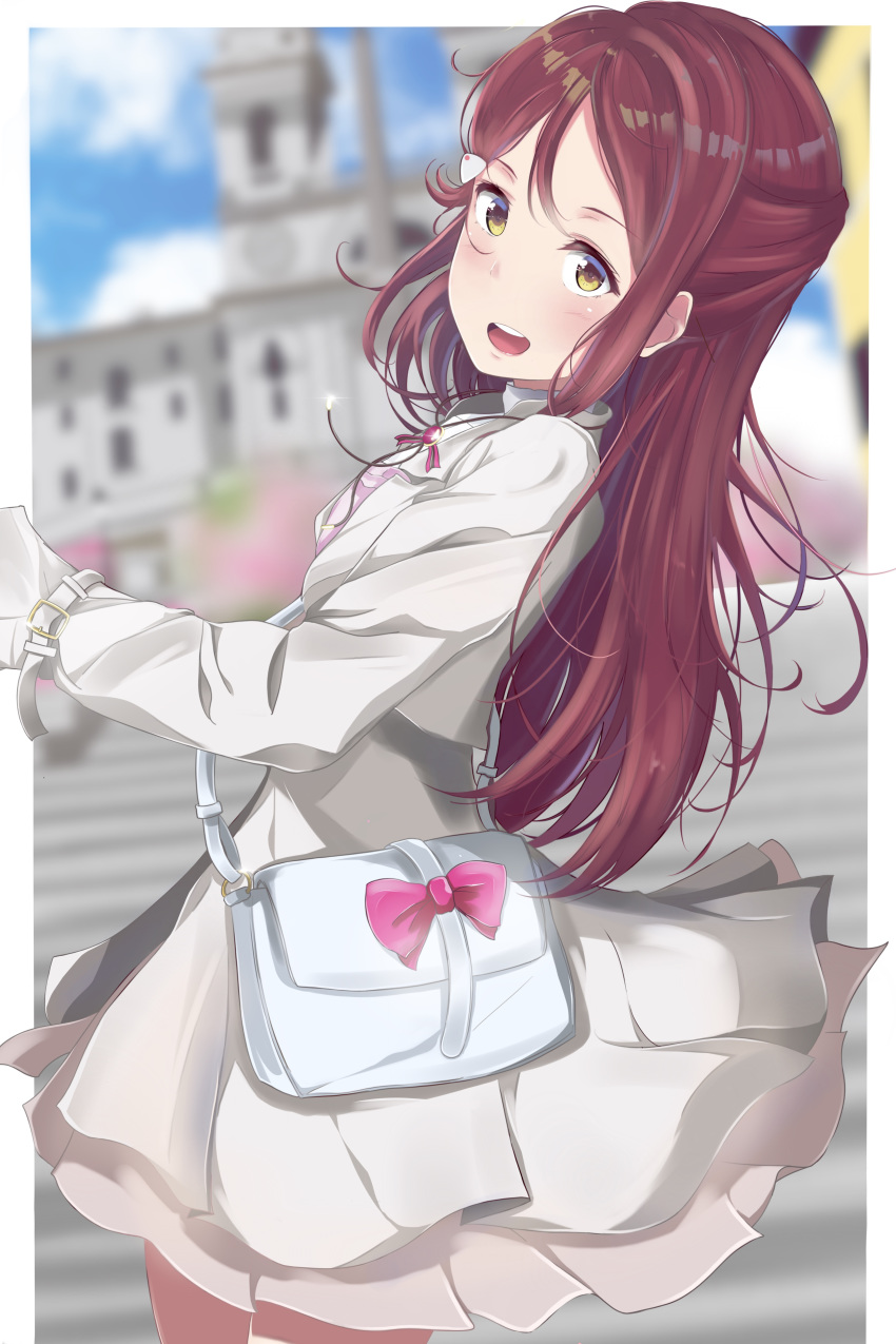 absurdres bag bangs birthday commentary_request hair_ornament half_updo highres jacket jewelry long_hair love_live! love_live!_sunshine!! necklace pink_ribbon prelude_ls red_hair ribbon sakurauchi_riko shoulder_bag sidelocks solo stairs yellow_eyes