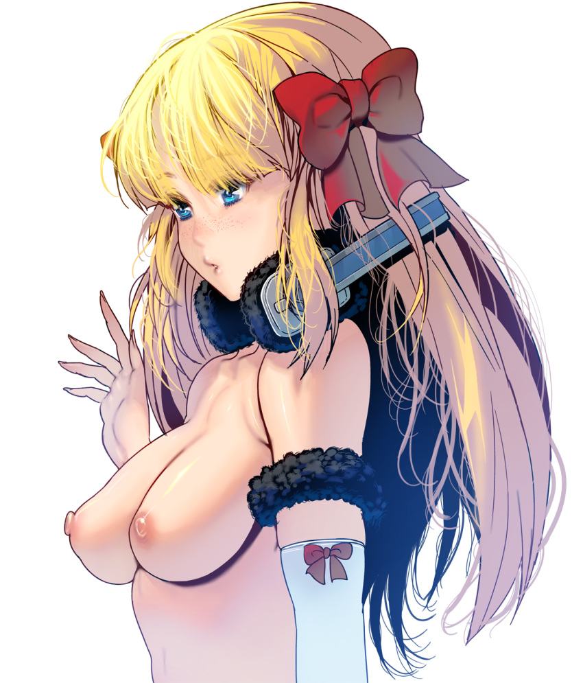 areolae bangs blonde_hair blue_eyes bow breasts collarbone commentary_request elbow_gloves eyebrows_visible_through_hair eyes_visible_through_hair fingernails freckles from_side fur-trimmed_headphones fur_trim glove_bow gloves hair_bow half-closed_eyes hand_up headphones headphones_around_neck highres large_bow lips long_fingernails long_hair masao messy_hair navel nipples nude original parted_lips perky_breasts red_bow single_elbow_glove small_breasts solo upper_body very_long_hair waving white_gloves