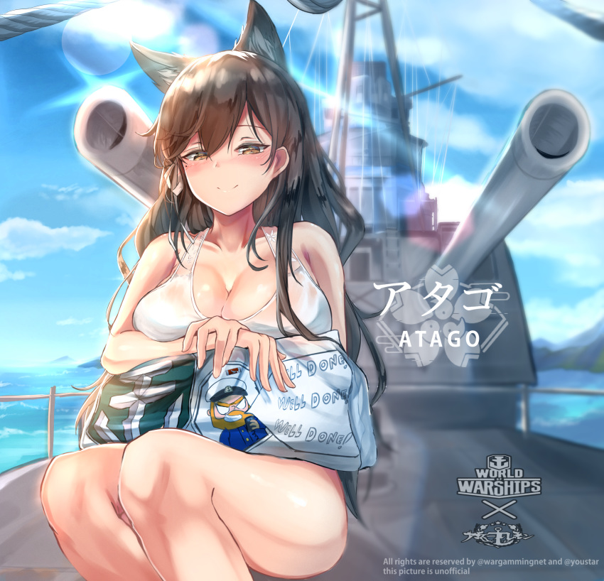 absurdres animal_ears atago_(azur_lane) atago_(cruiser) azur_lane bangs bikini black_hair blue_sky blurry blurry_background blush breasts brown_eyes cannon closed_mouth cloud cruiser day extra_ears eyebrows_visible_through_hair hair_between_eyes hair_ribbon half-closed_eyes heavy_cruiser highres imperial_japanese_navy large_breasts long_hair looking_at_viewer military military_vehicle mole mole_under_eye object_namesake ocean outdoors pillow ribbon septet_(zrca_janne) ship sidelocks sitting sky smile solo sunlight swept_bangs swimsuit thighs turret warship watercraft white_bikini white_ribbon world_of_warships world_war_ii