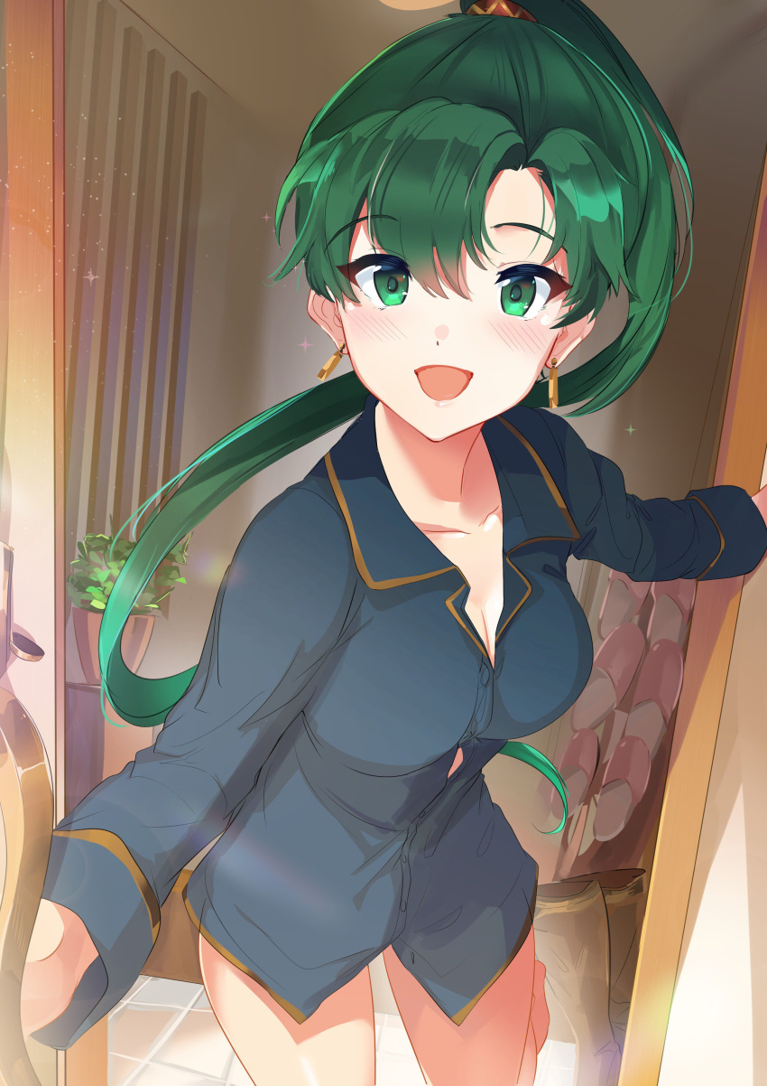 :d absurdres barefoot blush boots boots_removed breasts cleavage collarbone doorway earrings eyebrows_visible_through_hair fire_emblem fire_emblem:_rekka_no_ken fire_emblem_heroes green_eyes green_hair high_ponytail highres indoors jewelry long_hair long_sleeves looking_at_viewer lyndis_(fire_emblem) medium_breasts naked_shirt open_mouth opening_door ormille pajamas perspective plant ponytail potted_plant pov_doorway shirt sleeves_folded_up slippers smile solo sparkle tile_floor tiles