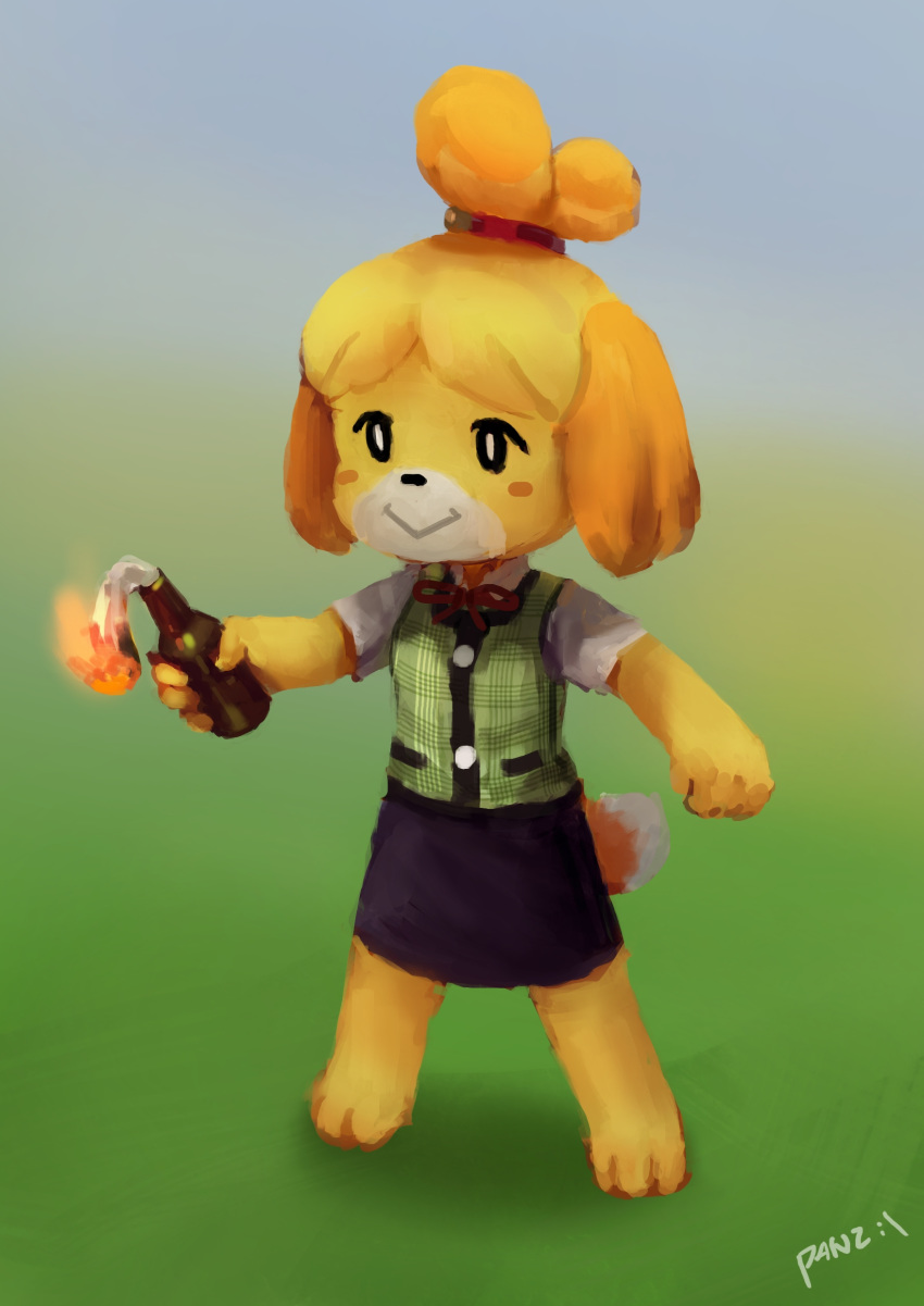 2018 animal_crossing anthro barefoot bottle bow_tie canine clothed clothing dog female fire hair_tie holding_object holding_weapon improvised_weapon isabelle_(animal_crossing) mammal molotov_cocktail nintendo panzery25 rosy_cheeks shih_tzu signature solo standing vest video_games weapon