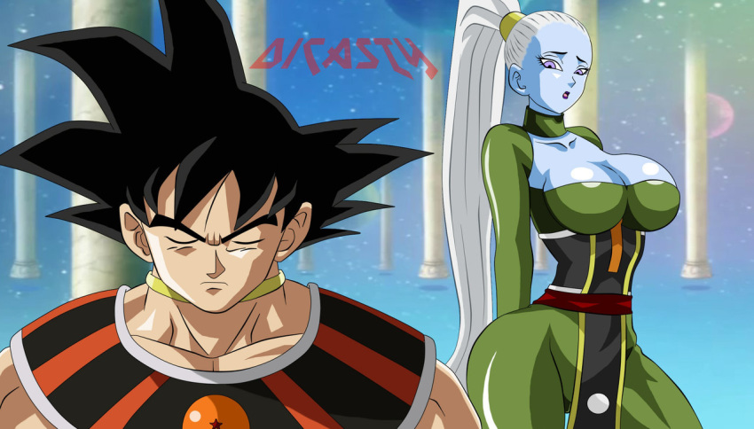 1girl blue_eyes blue_skin breasts choker collarbone contrapposto curvy dicasty dragon_ball dragon_ball_super elbow_gloves female gloves green_gloves hips impossible_clothes lipstick long_hair long_ponytail makeup ponytail purple_eyes purple_lipstick shiny shiny_clothes shiny_skin son_gokuu standing tied_hair vados_(dragon_ball) white_hair
