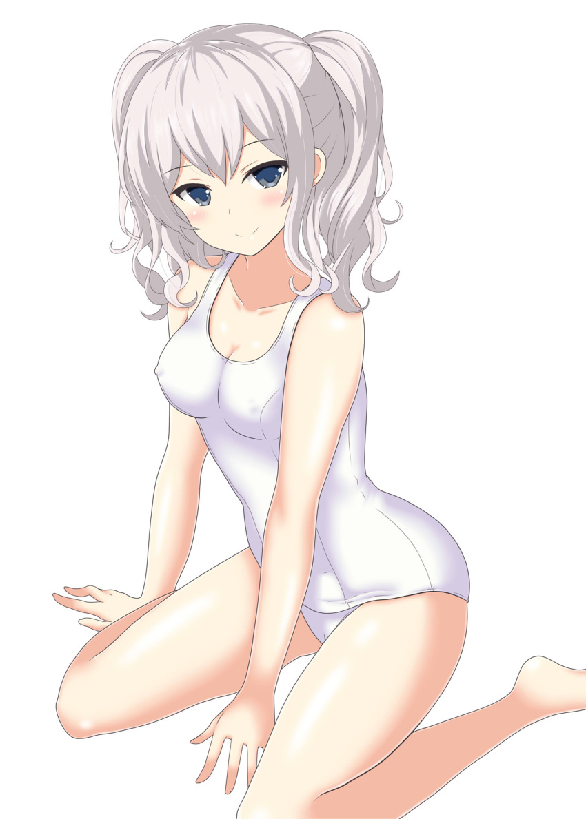 alternate_costume blue_eyes blush breasts closed_mouth commentary_request covered_nipples eyebrows_visible_through_hair grey_hair highres kantai_collection kashima_(kantai_collection) long_hair medium_breasts nendoroya one-piece_swimsuit school_swimsuit simple_background sitting smile solo swimsuit twintails wariza white_background white_school_swimsuit white_swimsuit