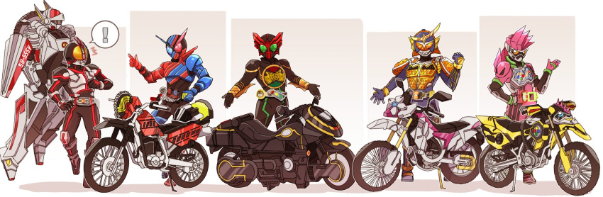 5boys armor autovajin ground_vehicle highres kamen_rider kamen_rider_555 kamen_rider_build kamen_rider_build_(series) kamen_rider_ex-aid kamen_rider_ex-aid_(series) kamen_rider_faiz kamen_rider_gaim kamen_rider_gaim_(series) kamen_rider_lazer kamen_rider_ooo kamen_rider_ooo_(series) male_focus mighty_action_x_level_2 motor_vehicle motorcycle multiple_boys pose rabbit+tank_form_(best_match) spoken_exclamation_mark surprised yoshino_(gunform)