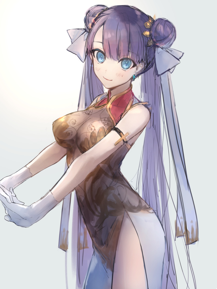 alternate_costume armband ashita_kura bangs bare_arms bare_shoulders blue_eyes blush breasts china_dress chinese_clothes cross double_bun dress earrings fate/grand_order fate_(series) gloves gold_trim hair_ornament hair_ribbon heroic_spirit_traveling_outfit highres jewelry long_dress long_hair looking_at_viewer medium_breasts pelvic_curtain purple_eyes purple_hair ribbon saint_martha side_slit simple_background sleeveless sleeveless_dress smile solo twintails very_long_hair white_gloves