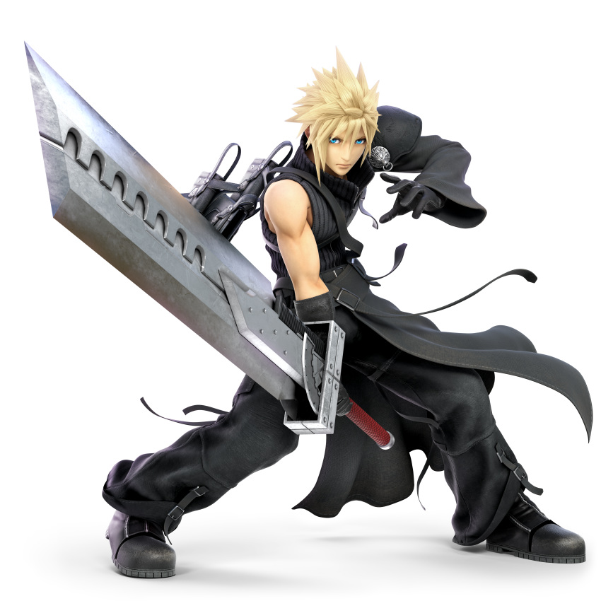 absurdres alternate_costume asymmetrical_clothes black_gloves blonde_hair blue_eyes cloud_strife final_fantasy final_fantasy_vii final_fantasy_vii_advent_children full_body gloves highres huge_filesize huge_weapon looking_at_viewer nintendo official_art pose serious solo spiked_hair super_smash_bros. super_smash_bros._ultimate sword transparent_background weapon